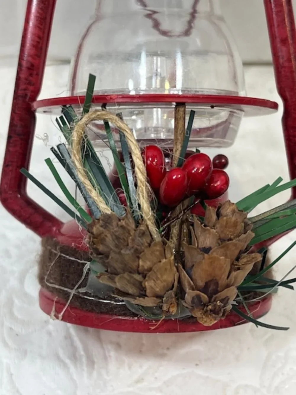 Lantern Red Plastic Pine Cone Berries Decoration Christmas Holiday Ornament 4.5